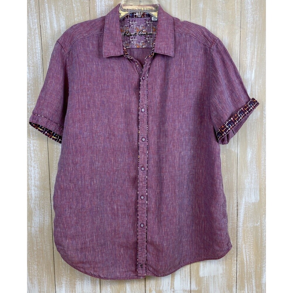 Robert Graham Shirt Men's 2XL Pink Linen Short Sleeve Button Front Classic Fit